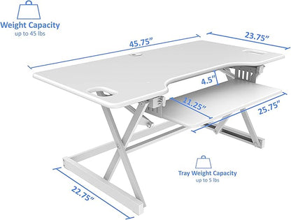 Rocelco 46" Large Height Adjustable Standing Desk Converter - Quick Sit Stand Up Triple Monitor Riser - Gas Spring Assist Computer Workstation - Retractable Keyboard Tray - White (R DADRW-46)