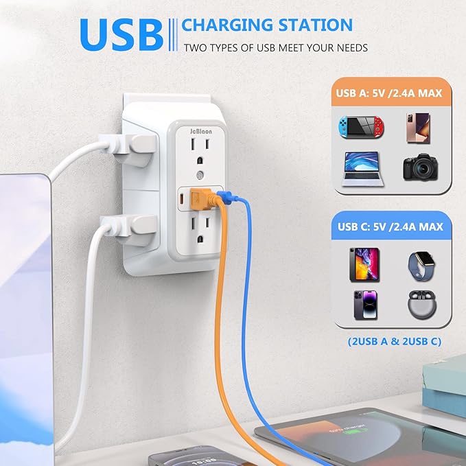 3 Pack Surge Protector Outlet Extender, 6 Outlet Splitter with 4 USB Ports (2 USB C), Multi Plug Wall Outlet 1050J Power Strip, USB Wall Charger for Home Office Kitchen Travel