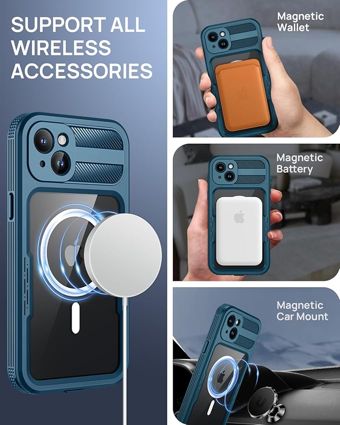 Lanhiem Magnetic for iPhone 15 Pro Case, IP68 Waterproof Dustproof Case, [Compatible with Magsafe] [Built-in Screen Protector] Full Body Heavy Duty Rugged Phone Cover 6.1 inch, Blue/Clear