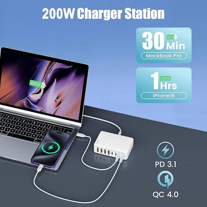 USB C Charger Block Charging Station - 200W Fast GaN 8-Port Multiple USB Charging Hub,65W Laptop Charger Compatible with MacBook Pro/Air,iPad,iPhone 16/15/14, Samsung S25/24,DELL,Steam Deck,5ft Cord