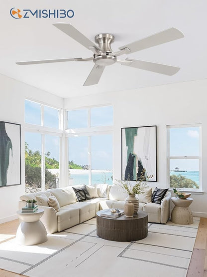 ZMISHIBO 52 Inch Ceiling Fan No Light, Flush Mount Low Profile, Modern Nickel Ceiling Fan Without Light, Remote Control & Quiet DC Motor, for Indoor&Outdoor, Bedroom, Living Room
