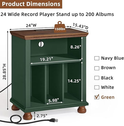 Joaxswe Record Player Stand with Charging Station Up to 200 Albums, 24" Wide Mid-Century Record Player Table with Vinyl Record Storage,Large Wood Turntable Stand Dispaly Cabinet for Living Room,Green