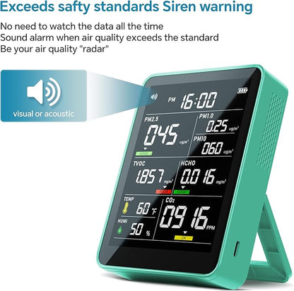 Air Quality Monitor Indoor,13-in-1 Smart Air Quality Tester with PM 2.5, CO2, TVOC, HCHO, PM1, AQI, PM10, Temperature & Humidity, Real Time Display, Battery Powered, for Home & Office (Green)