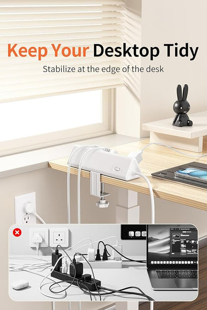 6.5 FT Desk Clamp Power Strip with 5 AC Outlets & 6 USB Ports PD 40W USB-C Fast Charging, 1250J Surge Protector, Fits 2.1 in top Edge White