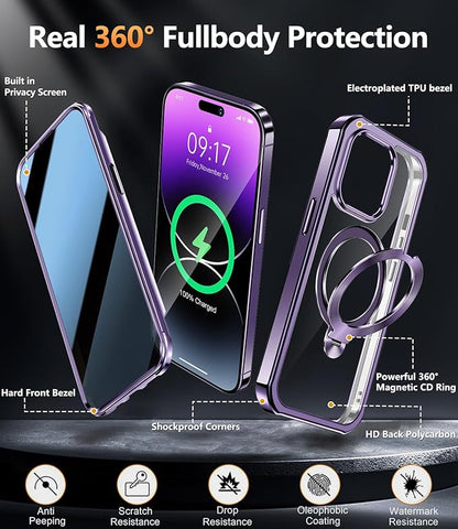 [360° Rotatable CD Stand & Built-in Privacy Screen Magnetic Case for iPhone 14 Pro [Compatible with MagSafe & Full Signal] Mil-Grade Shockproof Full Body Anti-Spy Cover for 14 Pro-Purple