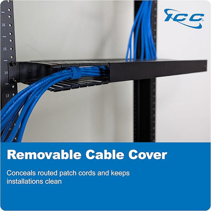 ICC 1U Finger Duct Cable Manager Panel with Cover, Plastic with Metal Back Frame, 3" Depth, Horizontal Cable Management, Rackmount for 19” Network Racks, Black, Single Pack
