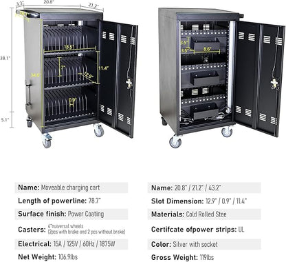 45-Bay Mobile Charging Cart with Keyed Lock, Steel Laptop & Tablet Charging Cabinet with Cable Management, Rolling Power Station for Classroom, Office, School, Library