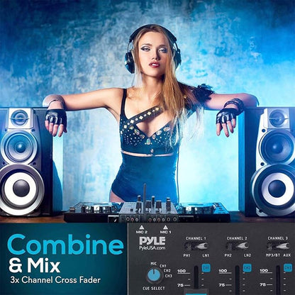 Pyle Wireless DJ Audio Mixer - 3 Channel Bluetooth Compatible DJ Controller Sound Mixer, Mic-Talkover, USB Reader, Dual RCA Phono/Line In, Microphone Input, Headphone Jack, Black - PMX8BU