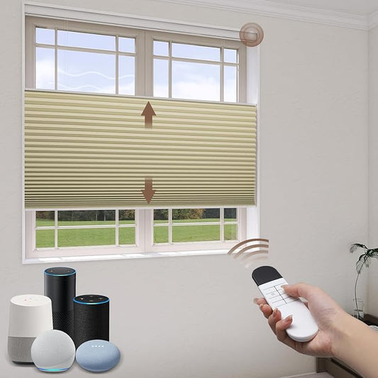 LEXEN Smart Top Down Bottom Up Honeycomb Shades WiFi Enabled Motorized Cellular Blinds Compatible with Alexa/Google Home Double Cellular Fabric Blackout Insulated Custom Sizes-Beige