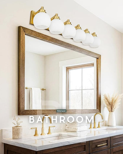 METWET Bathroom Light Fixtures, 6-Light Brushed Gold Bathroom Vanity Lights Over Mirror with Globe Milk White Glass Shade, 38 Inch Modern Vanity Lighting Fixtures, VL195-BG-ML-6