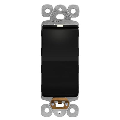 LIDER Minimalist Design Matte Finish Lighted Decorator Switch, Frameless Paddle Light Switch with Locator Light, Grounding Screw, 3-Way or Single Pole, 15A 120V, UL Listed, LS15-3W-BK, Black