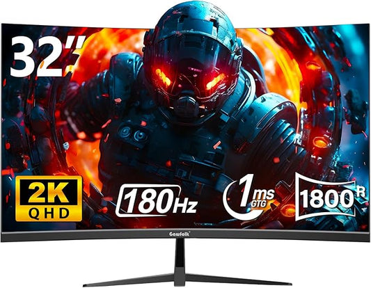 Gawfolk 32 Inch Curved Gaming Monitor, 180Hz QHD (2560x1440) 2K Computer Monitor with FreeSync, DisplayPort, HDMI, Wall Mountable, Eye Care for Home Office & Gaming