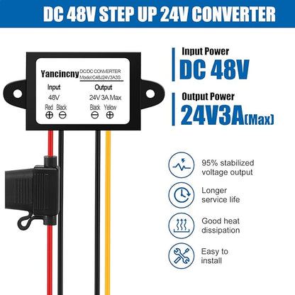 Yancincny 3A 72W 24V DC 48V Step Down to 24V Buck Transformer, 48V to 24-V Converter Regulator Power Supply Module Waterproof Voltage Converter with Fuse for Golf Cart/RVs/Monitoring System