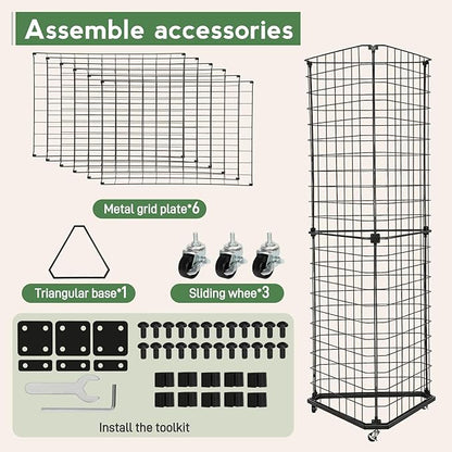 Brobear Triangular Gridwall Panel Display Stand with Base and Casters, 360-degree rotation Wire Wall Grid 24"x68" Rolling Grid Wall Tower for Retail, Trade Show, Vendor Events and Home Organization