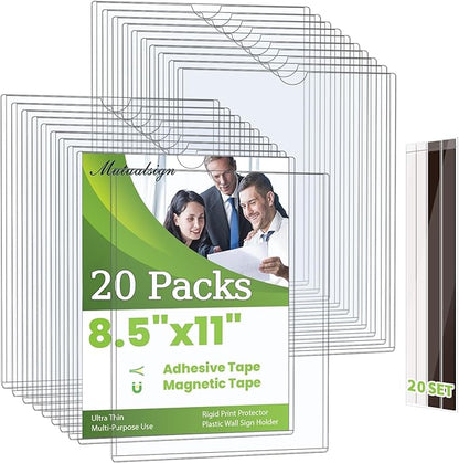 Mutualsign 20 Pcs Wall Sign Holder 8.5"x11" Magnetic Sign Holder, Rigid Print Protectors with Adhesive & Magnetic Tapes, Wall Mount Plastic Paper Holder for Office Store Home Window Display (Clear)