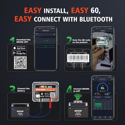ANCEL BM200-US Car Battery Tester 12V Automotive Battery Monitor Bluetooth Auto Battery Load Tester with Cranking Charging Test Alarm Record Voltage History Voltmeter for Car/RV/Motorcycle/Truck/Boat