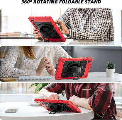 for Samsung Galaxy Tablet A8 Case 10.5 inch 2022 SM-X200/X205/X207 with Screen Protector [360 Rotating Stand] &Hand Shoulder Strap Shockproof Rugged Protective Cover|Red&Black