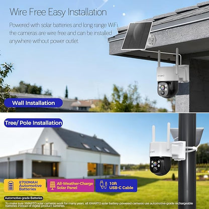[Night Color] XMARTO Super HD Solar Powered Wire-Free Home PTZ Security Camera Wireless Outdoor (Eternal Solar Power, Starlight Night Color Video, 0 Monthly Fee)