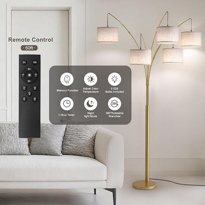 Fansdrick Gold Floor Lamps for Living Room, 4000LM Super Bright Arc Floor Lamp with Remote Control, Large Tall Floor Lamps with Stepless Dimmable, 80" Mid Century Tree Floor Lamp for Bedroom, Office