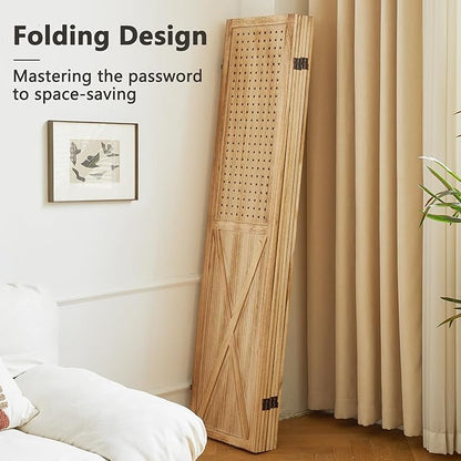 ALeesing 6 Panel Pegboard Room Divider, 5.6Ft Pegboard Display Folding Privacy Screens, Wood Room Divider Peg Board Display Freestanding for Trade Show Craft Show Home Wall Organizer, Light Brown