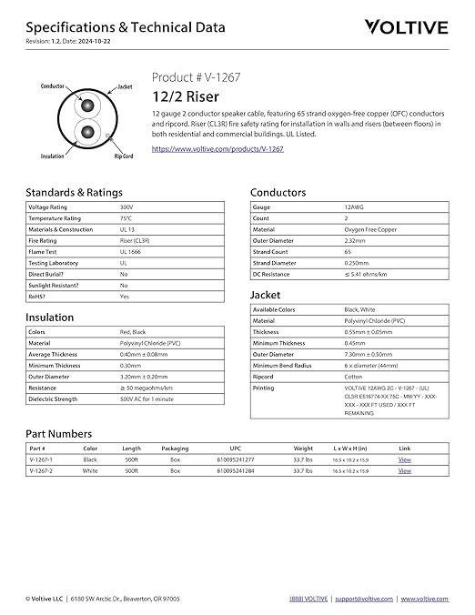 Voltive 12/2 Speaker Wire, Riser CL3R, White, 500ft - 12AWG, 2 Conductors, Stranded Oxygen-Free Copper, UL Listed - V-1267-2