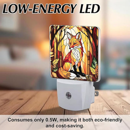 PODMemory Fox Stained Glass Night Lights Plug into Wall for Room, Fox Night Light LED for Bedroom
