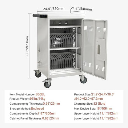 Aokleo Laptop Charging Cart,32 Devices Tablet Storage Carts for pad Up to 16.3" Screen, Classroom Computer Mobile Charging Station for Pads, Chromebooks,Laptops, Updated Password Lock(32 Bay-White)