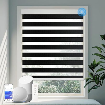 COOLWINDS Motorized Zebra Blinds for Windows Cordless Electric Curtains with Remote Control Blackout Shades Custom Smart Blinds Compatible with Alexa Google Home(Light Filtering Black,W28 X 72in)