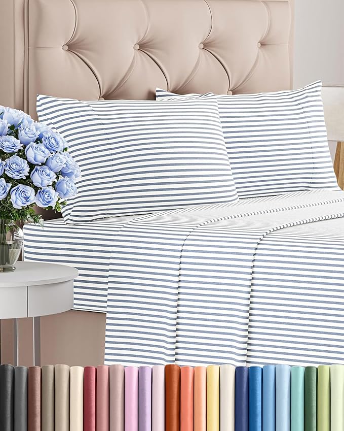 Cal King Size 4 Piece Sheet Set - Comfy Breathable & Cooling Bed Sheets Set - Hotel Luxury Bedding for Women, Men, Kids, Teens, Boys & Girls - Deep Pockets & Wrinkle Free - Oeko-Tex - Blue Stripes 2