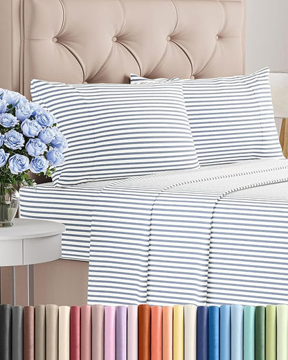 King Size 4 Piece Sheet Set - Comfy Breathable & Cooling Bed Sheets Set - Hotel Luxury Bedding for Women, Men, Kids, Teens, Boys & Girls - Deep Pockets, Soft, Wrinkle Free - Oeko-Tex - Blue Stripes 2