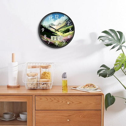 SCOAGE Digital Large Display Silent Wall Clock with Temperature Date Mountain Flowers Modern Non-ticking Battery Operated Mount Clocks Bathroom Kitchen Clock Farmhouse Living Room Office Decor 14 Inch