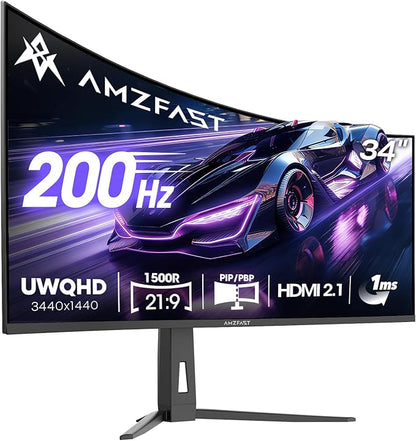 Amzfast 34 Inch 200Hz UltraWide Curved WQHD 3440x1440 Gaming Monitor, 1ms G-SYNC Compatible, 1500R, PIP/PBP, 131% sRGB, 96% DCI-P3, Height Adjustable,TÜV Rheinland, HDMI 2.1 x 2 & DP 1.4 x 1, AMZG34C8