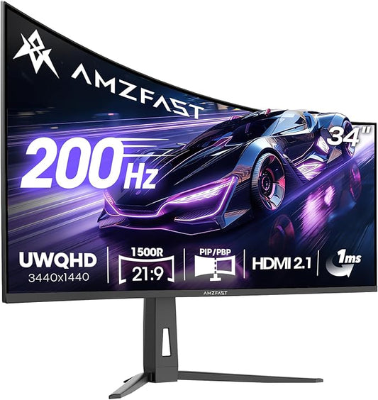 Amzfast 34 Inch 200Hz UltraWide Curved WQHD 3440x1440 Gaming Monitor, 1ms G-SYNC Compatible, 1500R, PIP/PBP, 131% sRGB, 96% DCI-P3, Height Adjustable,TÜV Rheinland, HDMI 2.1 x 2 & DP 1.4 x 1, AMZG34C8