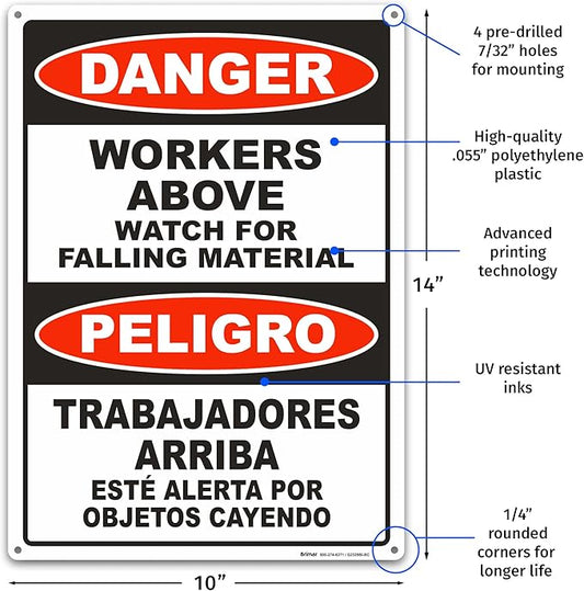 Brimar - 10" x 14" - Bilingual Workers Above Watch For Falling Material Sign - .055″ Polyethylene Plastic - Bold Text And Symbol - Easy Installation