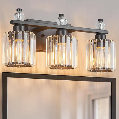 FDPBY Bathroom Vanity Lights 3-Light Sand Black Modern Crystal Vanity Light Fixtures Over Mirror Crystal Bathroom Vanity Lighting Fixtures