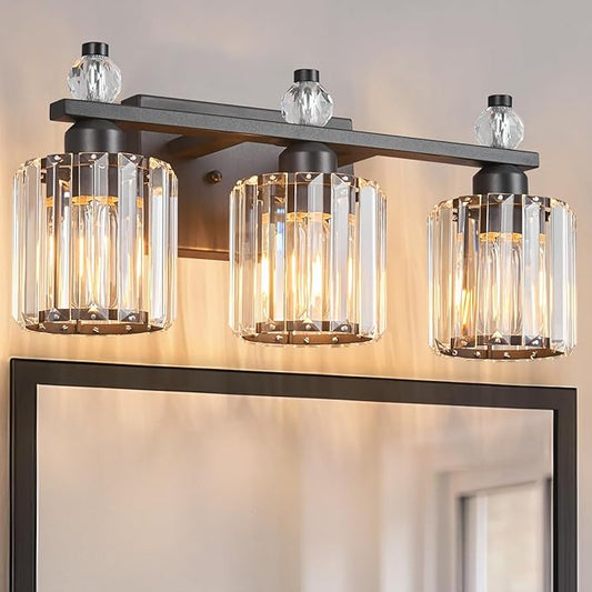 FDPBY Bathroom Vanity Lights 3-Light Sand Black Modern Crystal Vanity Light Fixtures Over Mirror Crystal Bathroom Vanity Lighting Fixtures