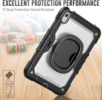 SCSVPN Case for iPad A16 11th Generation 11 Inch 2025/ iPad 10th Generation Case 10.9 Inch 2022, Shockproof Rugged Kids Transparent Cover w/Pencil Holder, Rotating Stand/Handle, Shoulder Strap, Clear