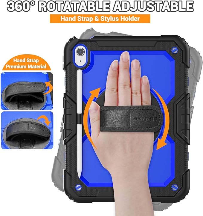 SEYMAC Case for iPad (A16) 11th/10th Generation 2025/2022 (11″/10.9″), Heavy Duty Full-Body Shockproof Protective Case with Screen Protector, Rotating Stand, Hand/Shoulder Strap, Black/Dark Blue