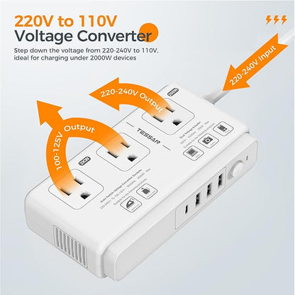 TESSAN 220V to 110V Voltage Converter for Travel with 4 USB Ports (1 USB C), 3 AC Outlet and EU UK AU IT in ZA International Power Adapter, Step Down Transformer Outlet Converters White