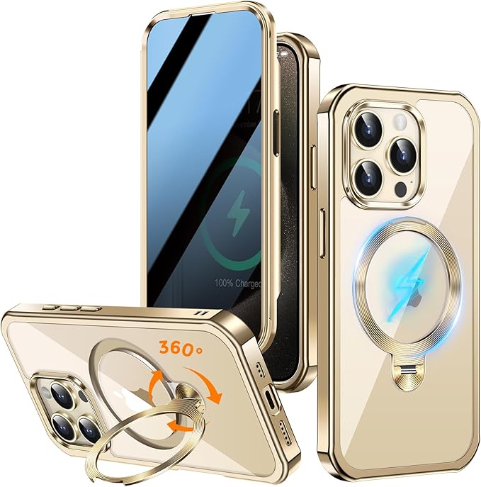 [360° Rotatable CD Stand & Built-in Privacy Screen Magnetic Case for iPhone 15 Pro [Compatible with MagSafe & Full Signal] Mil-Grade Shockproof Full Body Anti-Spy Cover for 15 Pro-Gold