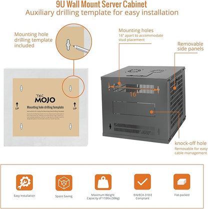 Tecmojo 9U Wall Mount Rack Network Cabinet for 19" IT Equipment,with Lockable Mesh Door and Side Panels,Cooling Fan,17.7inch Depth,Black
