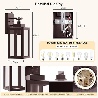 LTBLIGHT 2-Pack Dusk to Dawn Porch Light, Farmhouse Brown Outdoor Lights Wall Mount, Waterproof Anti-Rust Wall Sconces for House, Yard, Entryway, Garage, 100-120Vac