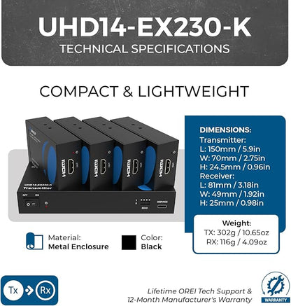 OREI 4K 1x4 HDMI Extender Splitter, Multiple Over Single Cable CAT6/7 4K@60Hz 4:4:4 HDCP 2.2 with EDID Management - Up to 230 Ft - Loop Out - Low Latency