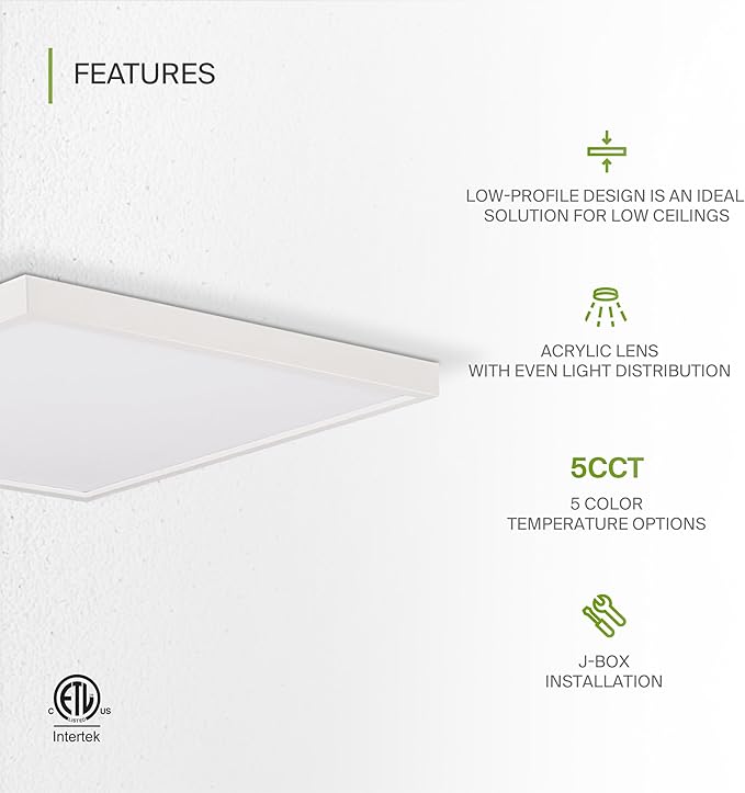 ASD LED 12" Square Flush Mount Ceiling Light Fixture, Low Profile Surface Lighting | 5CCT, Dimmable, Ultra-Thin, ETL Listed | 24W 1700LM 2700-6000K 120V | Kitchen, Bedroom, Hallway Lamp | White