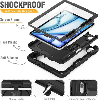 HXCASEAC Case for iPad Air 11 inch (2025 M3 / 2024 M2), Shockproof Design with Pencil Holder/Screen Protector/Rotating Hand Strap, Protective Cover for iPad Air 7th/6th Generation - Black