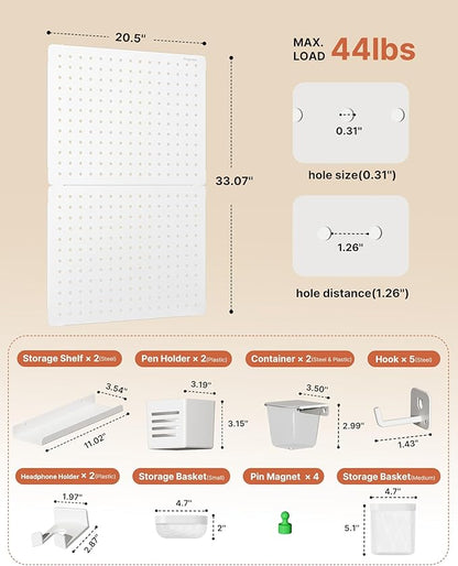 PEGZONE Pegboard Wall Organizer Combination Kit,Overall 33.1"x20.5" Metal Office Pegboard with 19 Accessories, Wall Mounted Peg board Display Panels for Home, Gaming Room, Garage (2Pcs,White)