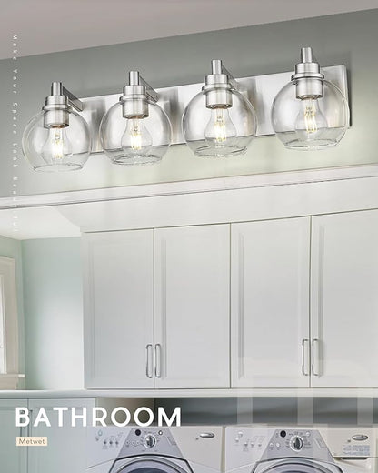 METWET Bathroom Light Fixtures, 4 Light Brushed Nickel Vanity Light, 26 Inch Modern Wall Sconces with Globe Clear Glass Shade, Vanity Lighting Fixtures Over Mirror, VL195-BN-CL-4