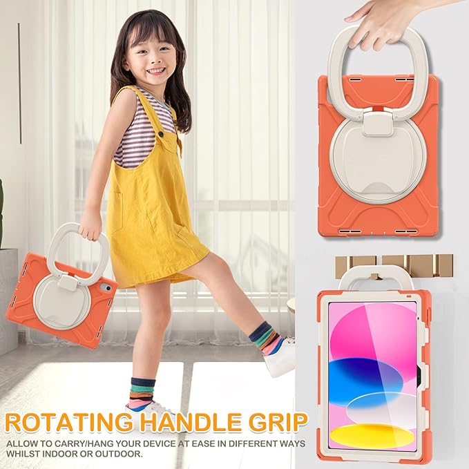 BRAECN Kids Case for iPad (A16) 11th/10th Generation 11”/10.9'' 2025/2022, Rugged Silicone Cover with Screen Protector/Swivel Ring Stand/Kickstand/Handle Grip/Carrying Shoulder Strap, Coral Orange