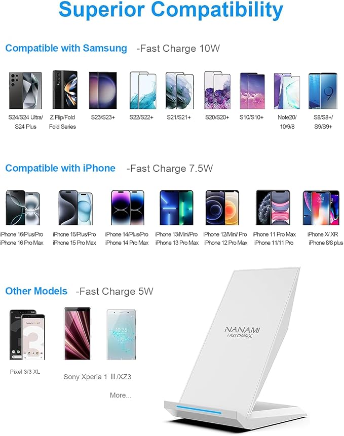 NANAMI Fast Wireless Charger - Qi Certified Charging Stand 7.5W Compatible iPhone 16/16 Plus/16 Pro/16 Pro Max/15/14/13/12,10W for Samsung Galaxy S24/S24 Ultra//S23/S22/21/S20 and Qi-Enabled Phones