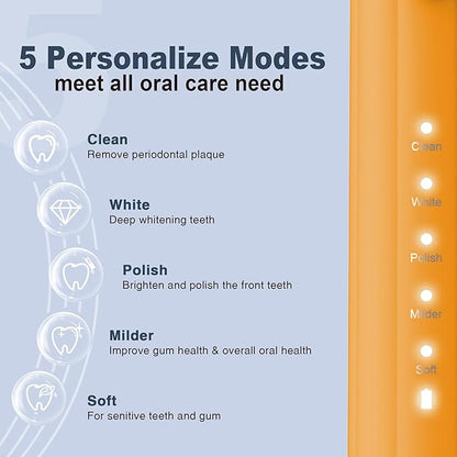 7AM2M Sonic Electric Toothbrush for Adults and Kids, with 8 Brush Heads and Travel Case,5 Modes with 2 Minutes Built in Smart Timer, One Charge Use for 90 Days, Rechargeable Toothbrushes (Orange)